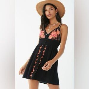 Forever 21 Black Halter Mini Dress or Top with Floral Boho Embroidery SZ Medium